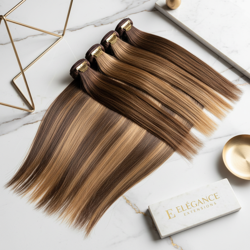 Luxury clip-in hair extensions on marble surface